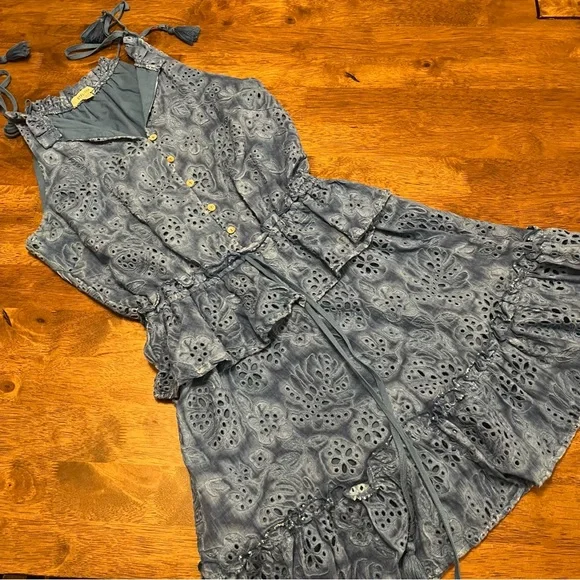 Anthropologie BTFL-Life Women's Blue Tie Dye Ruffle Mini Dress Eyelet Small - Picture 2 of 13